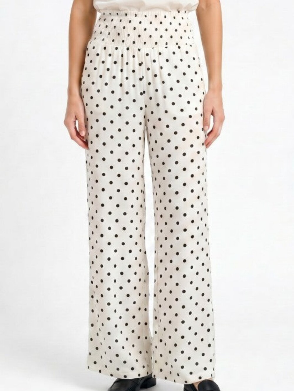 White & Black Smocked Waist Polka Dot Wide Leg Pants
